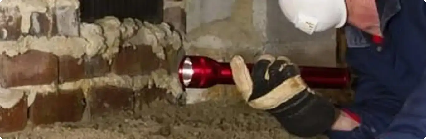 Pest control technician inspecting a crawl space for ant activity in Fullerton, CA