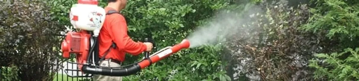 Mosquito control technician fogging shrubs and landscaping for mosquito treatment in Anaheim, CA