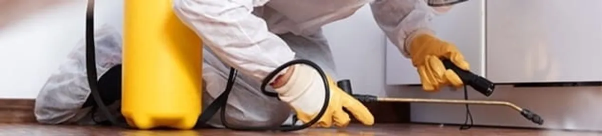 Roach exterminator treating cracks and crevices along kitchen baseboards in Anaheim, CA